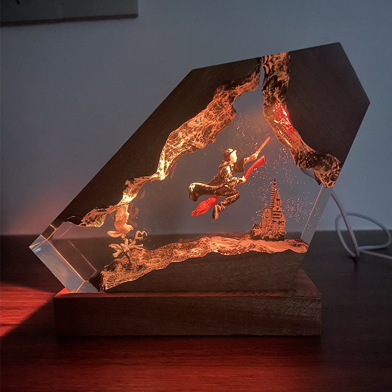 Home Decor Resin - Holz-Harz-Epoxid-Lampe Zauberer-Junge & Eule Nachtlicht Individualisierte