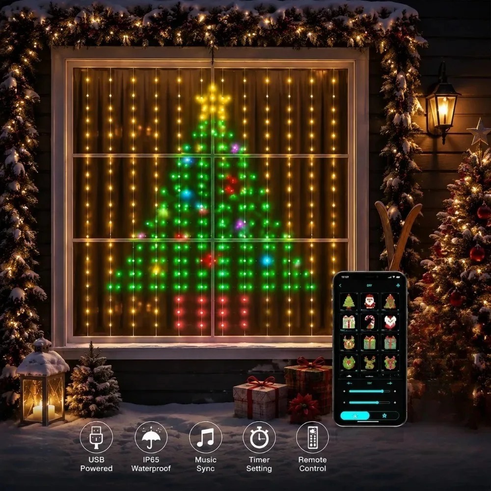 Home Decor Light - LED-Pixel-Lichtvorhang mit Bluetooth-App-Steuerung, RGB-Smart-Lichterkette, DIY-Fensterdekoration für