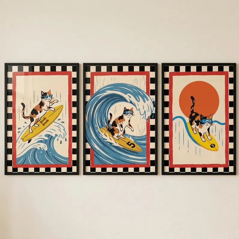 Home Decor Cat - 3 Stück Retro japanische Wellen-Katzen-Surfing-Wandkunstdrucke auf